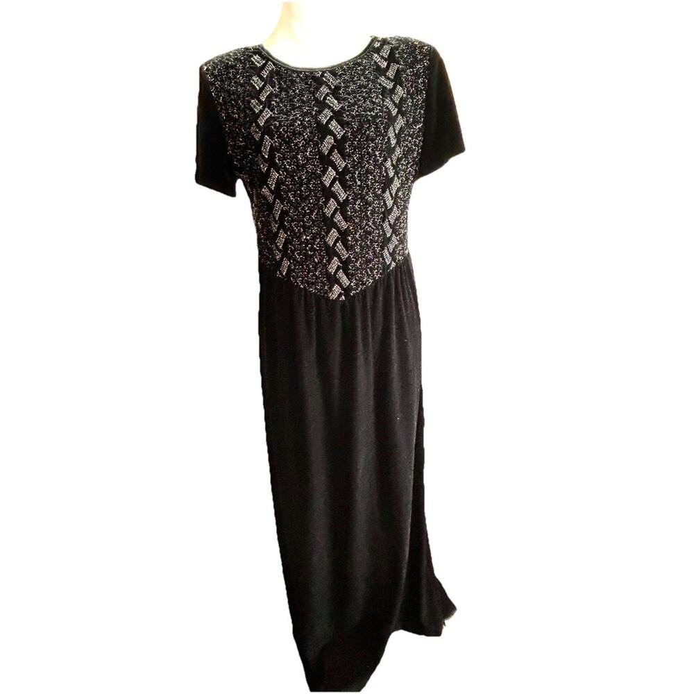 R J & Co Vintage Black Velvet Maxi Dress Embellished Bodice Whimsygoth Luxury
